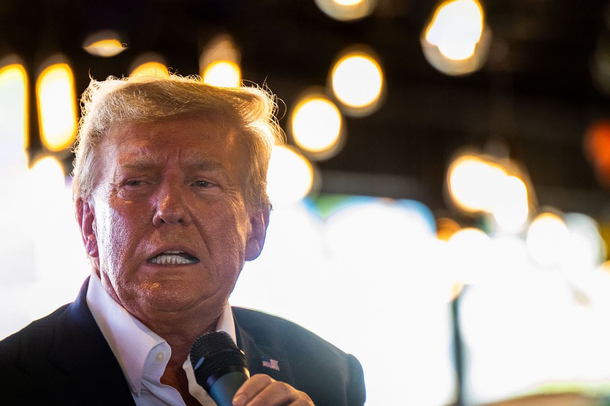 Republican presidential candidate and former U.S. President Donald Trump speaks during a rally at the Steer N' Stein bar at the Iowa State Fair on August 12, 2023 in Des Moines, Iowa. (Brandon Bell/Getty Images)