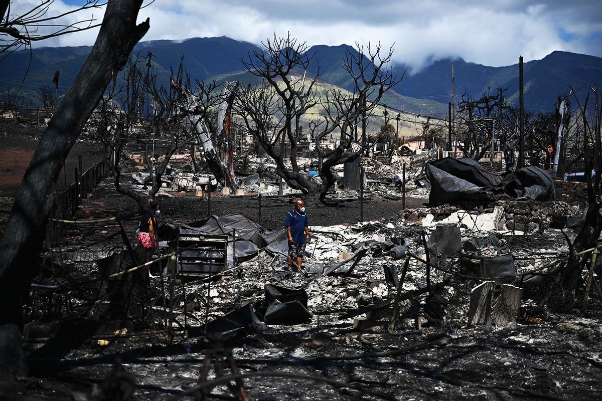The aftermath of a wildfire in Lahaina, western Maui, Hawaii on August 11, 2023. A wildfire that left Lahaina in charred ruins has killed at least 67 people, authorities said on August 11, making it one of the deadliest disasters in the US state's history. (PATRICK T. FALLON/AFP via Getty Images)