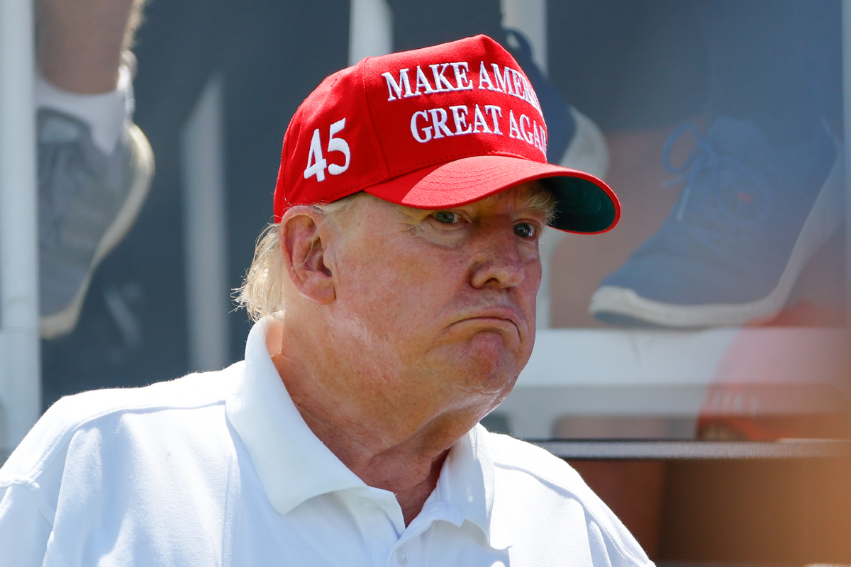 Former President Donald J. Trump at the first tee during the final round of LIV Golf Bedminster on August 13, 2023 at Trump National Golf Club in Bedminster, New Jersey. (Rich Graessle/Icon Sportswire via Getty Images)